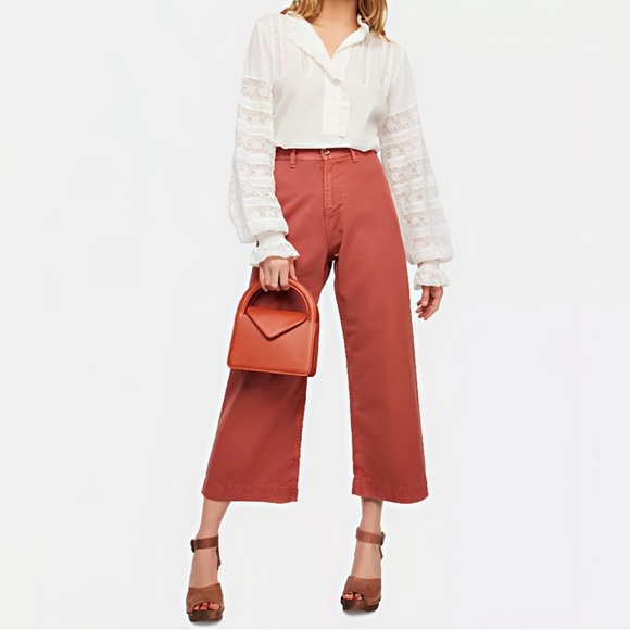 Free people red Orange Wide-Leg Pants cropped size 28 new with tags office - Picture 1 of 8
